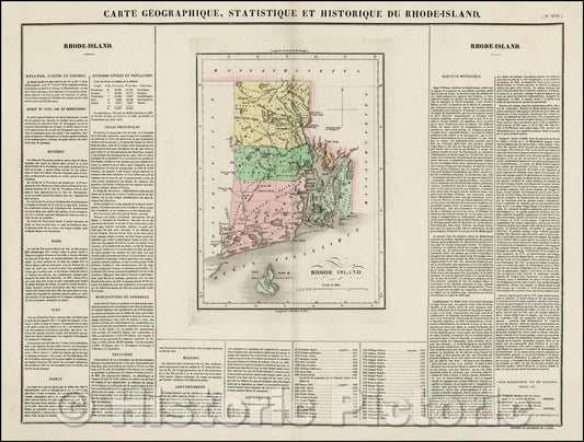 Historic Map - Carte Geographique, Statistique et Historique Du Rhode-Island/Geographic Map, Statistics and History Of Rhode Island, 1825, Jean Alexandre Buchon - Vintage Wall Art