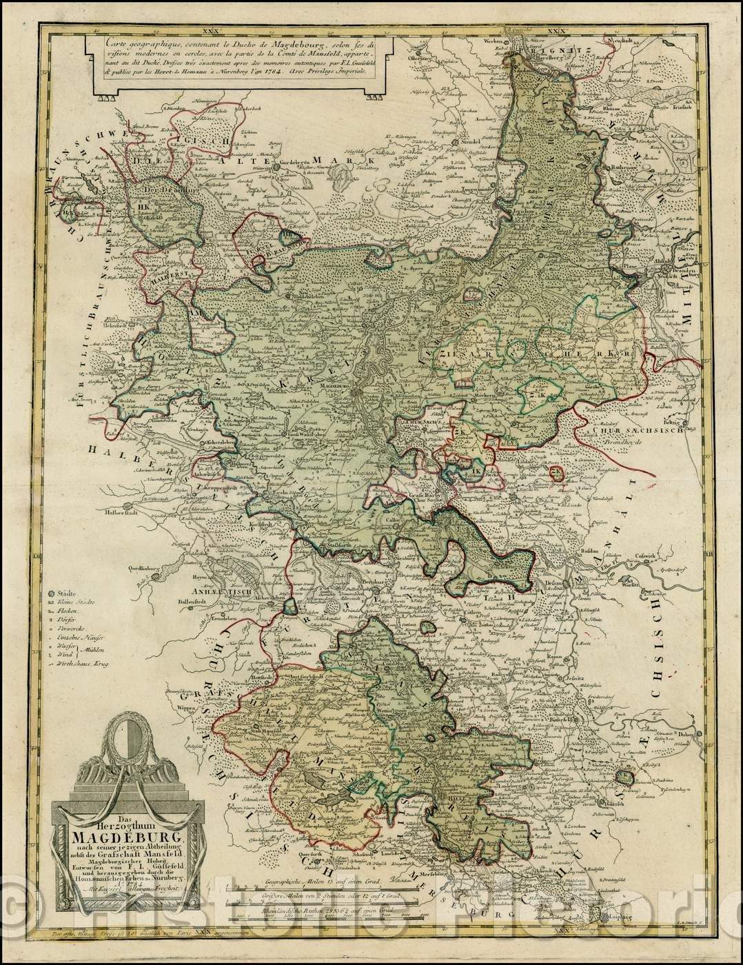 Historic Map - Das Herzogthum Magdeburg nach seiner jezigen Abtheilung/Regional Map. Includes large cartouche, 1784, Homann Heirs - Vintage Wall Art