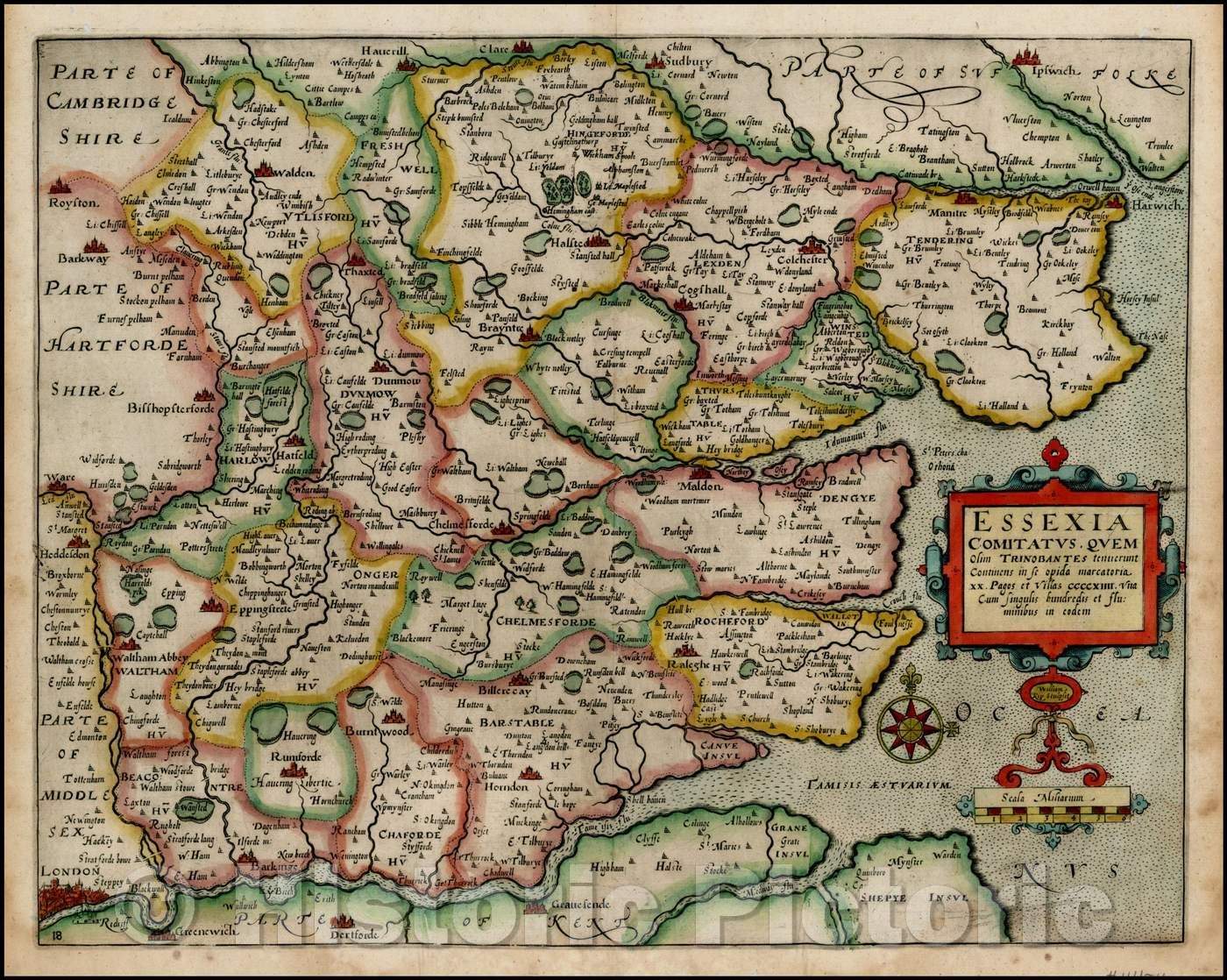 Historic Map - Essexia Comitatus Quem Olim Trinobantes, 1607, William Kip - Vintage Wall Art