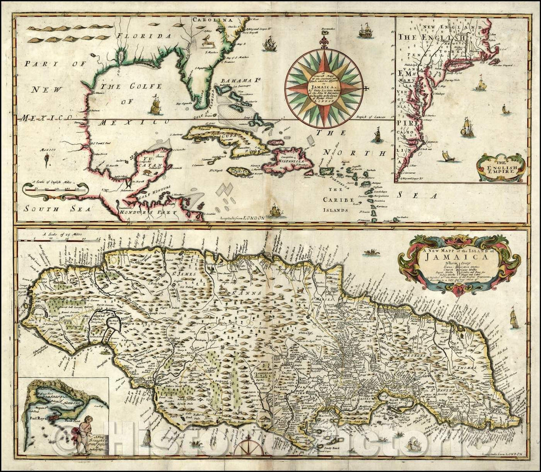 Historic Map - A Generall of the Contenant and Islands which are Adjacent to Jamaica [with] The English Empire [with] A New Mapp of the Island of Jamaica], 1685 - Vintage Wall Art