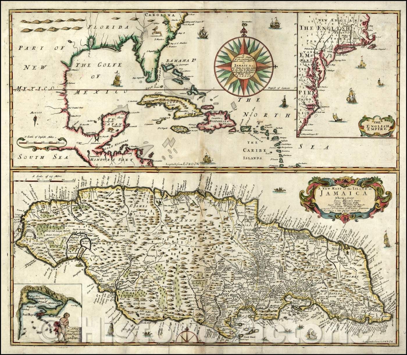 Historic Map - A Generall of the Contenant and Islands which are Adjacent to Jamaica [with] The English Empire [with] A New Mapp of the Island of Jamaica], 1685 - Vintage Wall Art