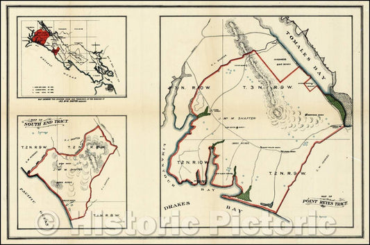 Historic Map - Map of South End Tract [with] Map of Point Reyes Tract [California], 1893, H.S. Crocker & Co. - Vintage Wall Art