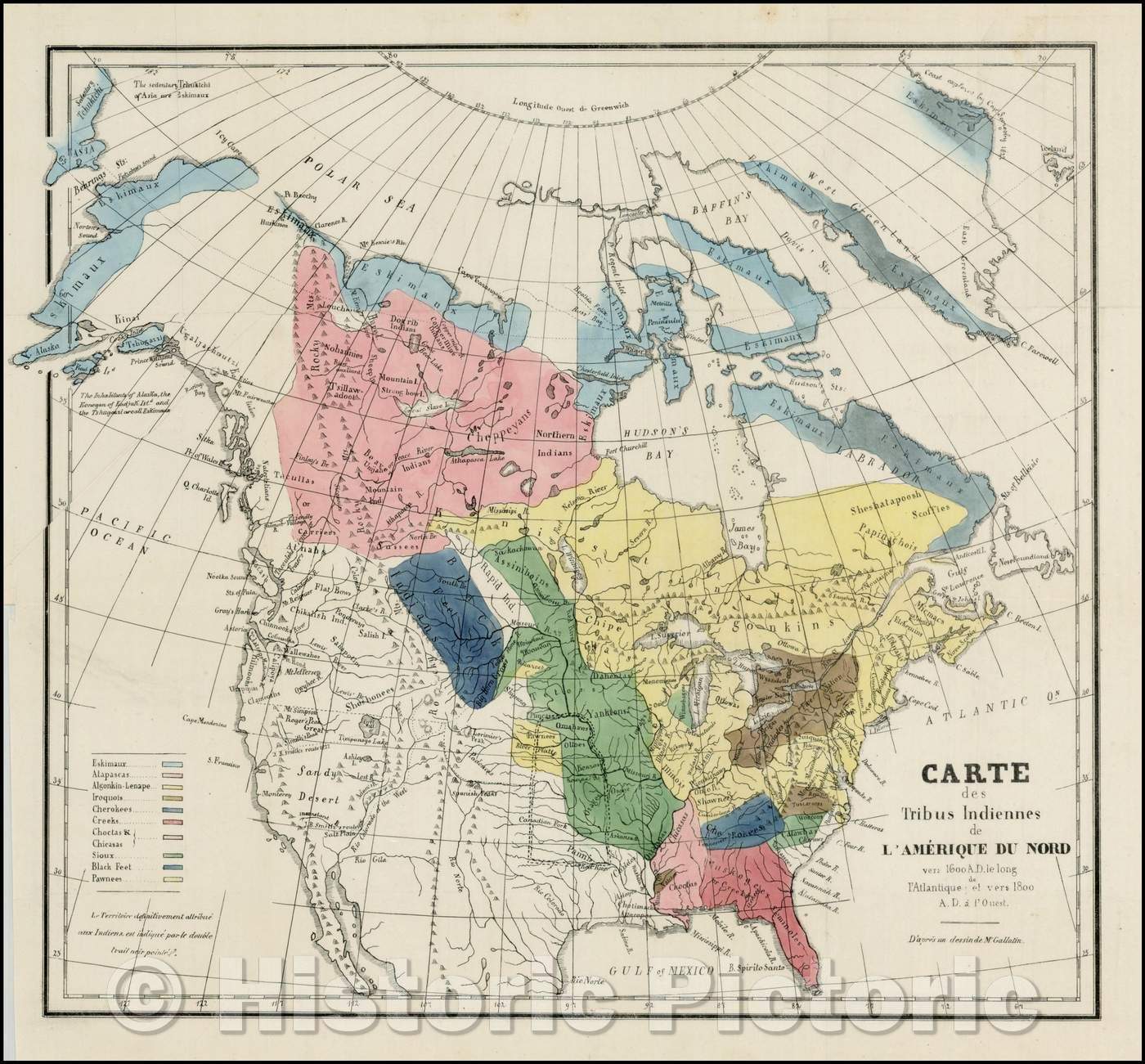 Historic Map - Carte des Tribus Indiennes d L'Amerique Du Nord/Variant of the first recorded appearance of Jedidiah Smith's Route on a printed Map, 1836 - Vintage Wall Art