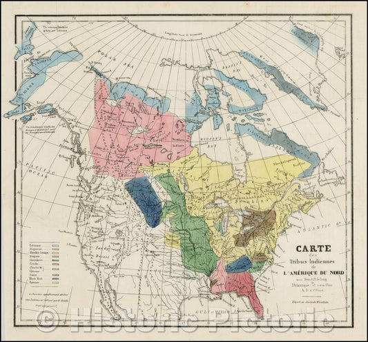 Historic Map - Carte des Tribus Indiennes d L'Amerique Du Nord/Variant of the first recorded appearance of Jedidiah Smith's Route on a printed Map, 1836 - Vintage Wall Art