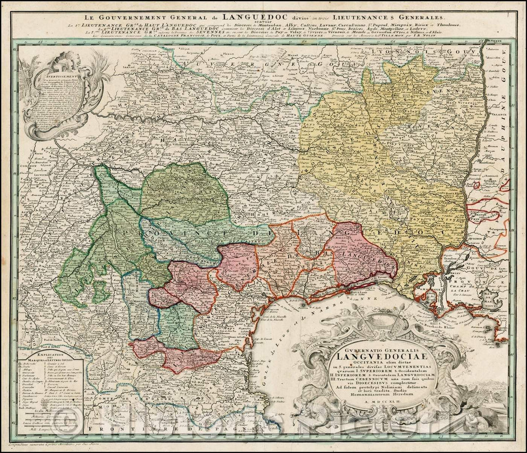 Historic Map - Gubernatio Generalis Languedociae Occitania olim dictae :: Regional of France, Northwest of Marseille and West of the Rhone River,Gulf of Lyon, 1742 - Vintage Wall Art