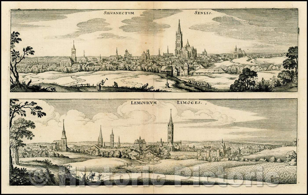 Historic Map - Silvanectum - Senlis [and] Lemovicum - Limoges/View of the cities of Senlis and Limoges, published in 1638, 1638, Matthaus Merian - Vintage Wall Art