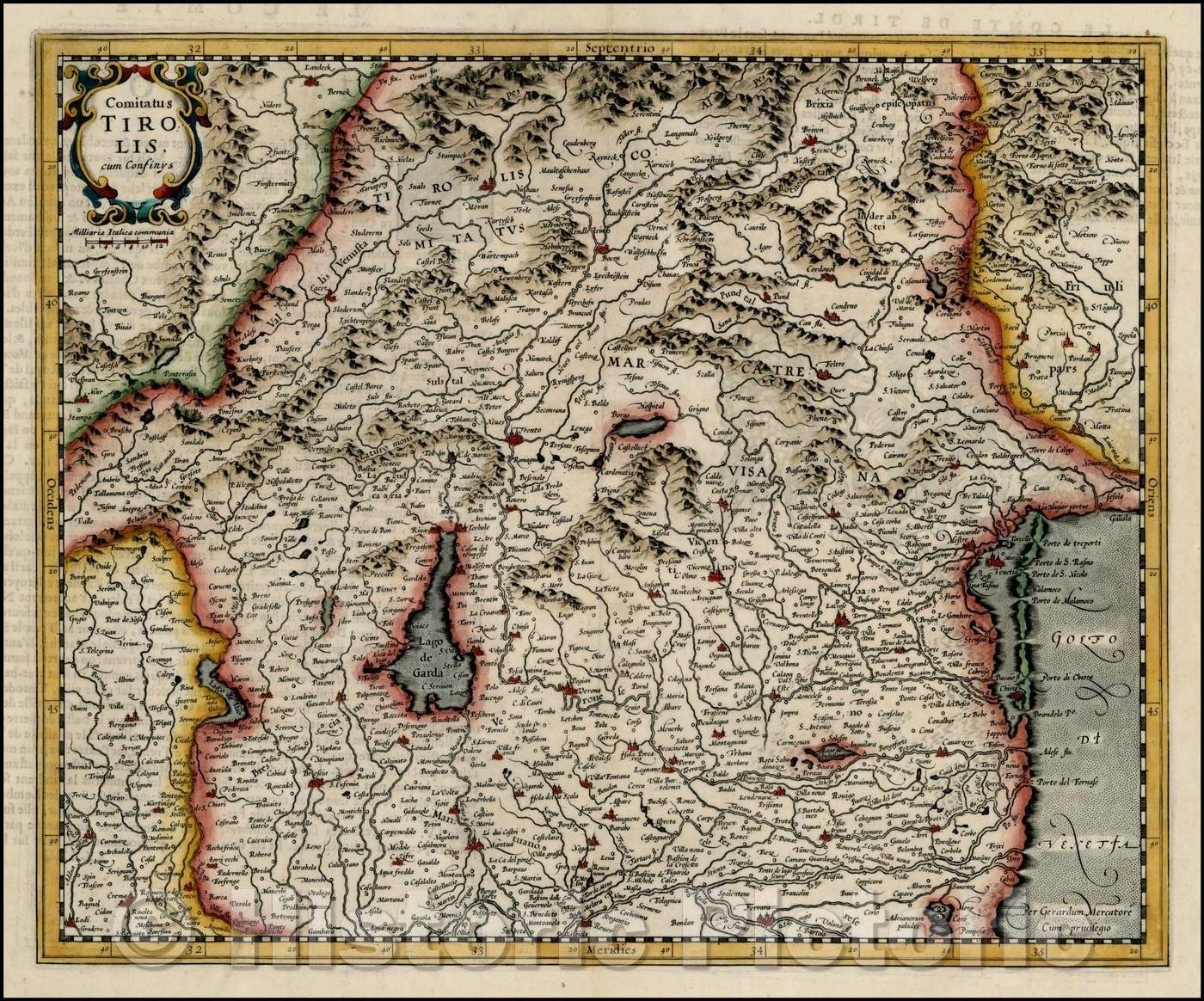 Historic Map - Comitatus Tirolis cum Confinys/Map of the Italian Alps, centered on Trento and Lago Di Garda, 1636, Jodocus Hondius - Vintage Wall Art