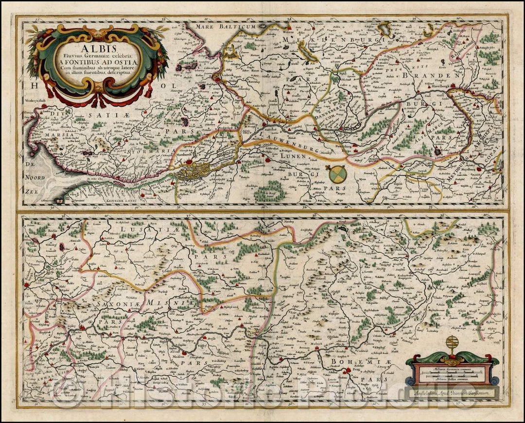 Historic Map - Albis Fluvius Germaniae celebris A Fontiubus Ad Ostia, Cum Fluminibus ab utroque latere/Map of Albis River, east of Prag to North Sea, 1636 - Vintage Wall Art