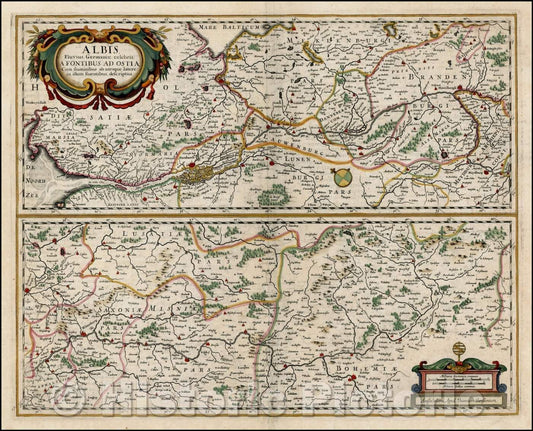 Historic Map - Albis Fluvius Germaniae celebris A Fontiubus Ad Ostia, Cum Fluminibus ab utroque latere/Map of Albis River, east of Prag to North Sea, 1636 - Vintage Wall Art