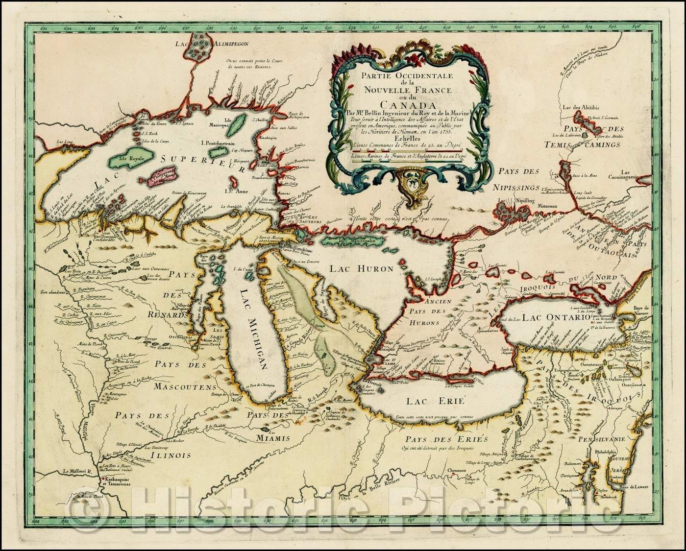 Historic Map - Partie Occidentale de la Nouvelle France ou du Canada, 1755, Homann Heirs - Vintage Wall Art