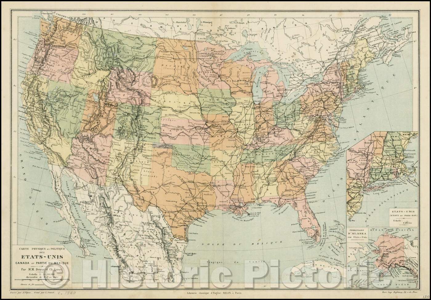 Historic Map - Carte Physique et Politique Des Etats-Unis Canada et Partie Du Mexique, 1872, Drioux et Leroy v2