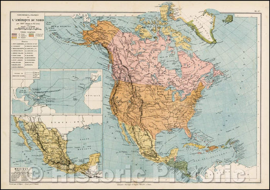 Historic Map - Carte Physique et Politique Du L'Amerique Du Nord/Intresting Map of North America, with several interesting features, 1875, Drioux et Leroy - Vintage Wall Art