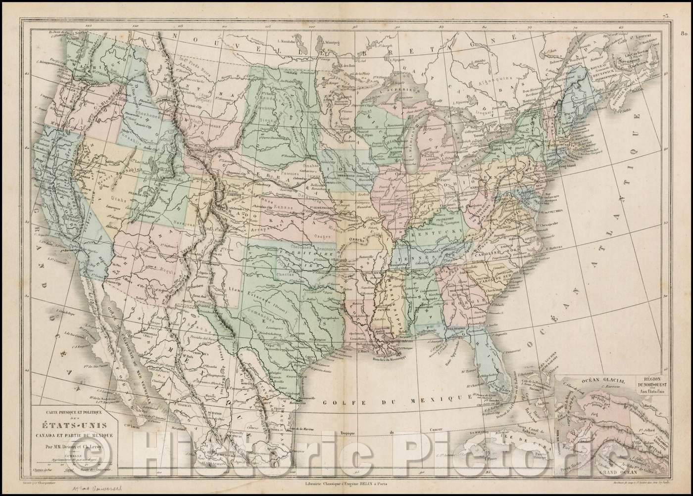 Historic Map - Carte Physique et Politique Des Etats-Unis Canada et Partie Du Mexique, 1872, Drioux et Leroy v4