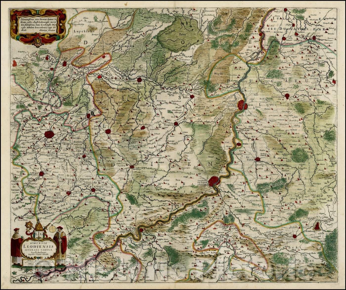 Historic Map - Dioecesis Leodiensis Accurata Tabula/Map, centered on Liege and Maastricht, 1636, Henricus Hondius - Vintage Wall Art