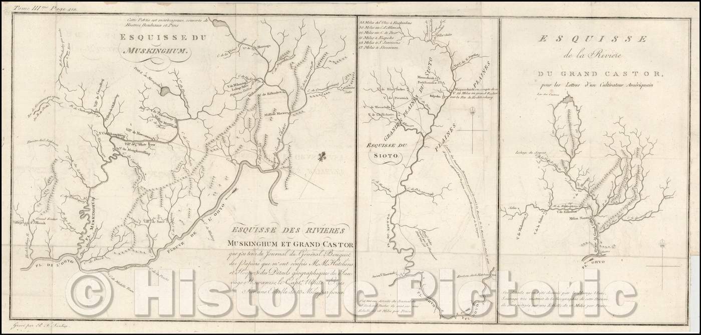 Historic Map - Esquisse Des Rivieres Muskinghum Et Grand Castor, 1787, Pierre Fran?is Tardieu - Vintage Wall Art
