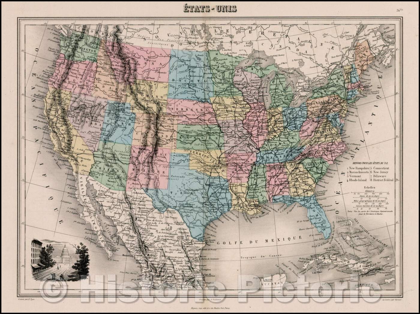 Historic Map - Etats Unis, 1875, Migeon - Vintage Wall Art