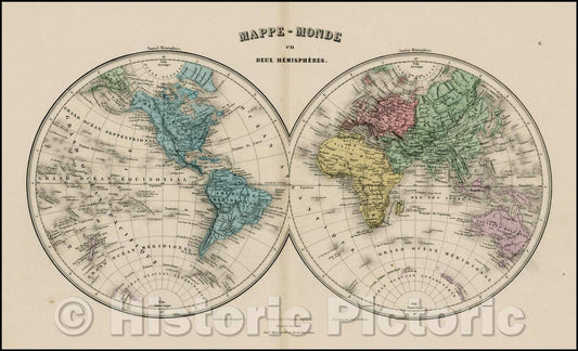 Historic Map - Mappe-Monde en Deux Hemispheres, 1875, Migeon - Vintage Wall Art