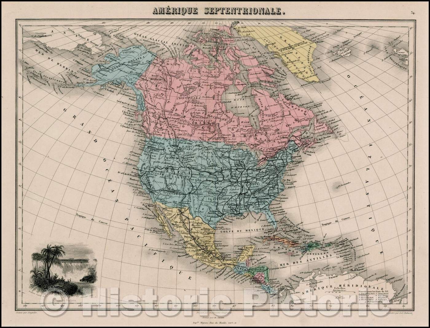 Historic Map - Amerique Septentrionale, 1875, Migeon - Vintage Wall Art