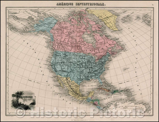 Historic Map - Amerique Septentrionale, 1875, Migeon - Vintage Wall Art