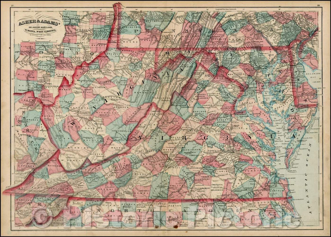 Historic Map - Asher & Adams' Delaware, Maryland, Virginia and West Virginia, 1872, Asher - Vintage Wall Art