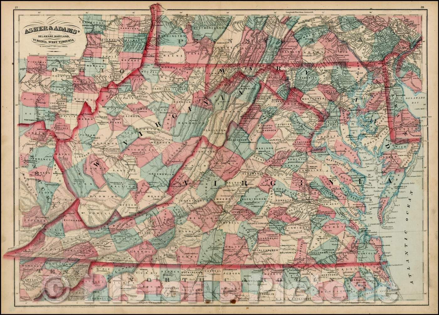 Historic Map - Asher & Adams' Delaware, Maryland, Virginia and West Virginia, 1872, Asher - Vintage Wall Art