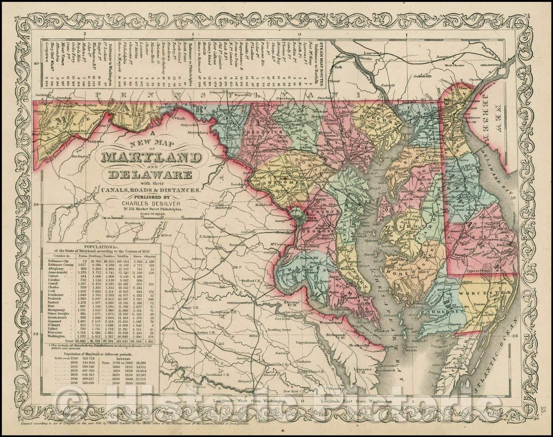 Historic Map - Maryland and Delaware with their Canals, Roads, Distances, 1856, Charles Desilver v1