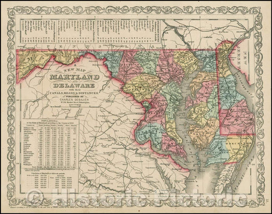 Historic Map - Maryland and Delaware with their Canals, Roads, Distances, 1856, Charles Desilver v1