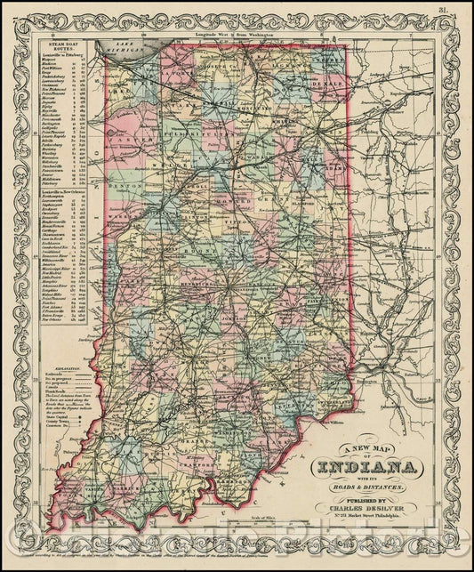 Historic Map - Indiana with its Roads & Distances, 1856, Charles Desilver - Vintage Wall Art