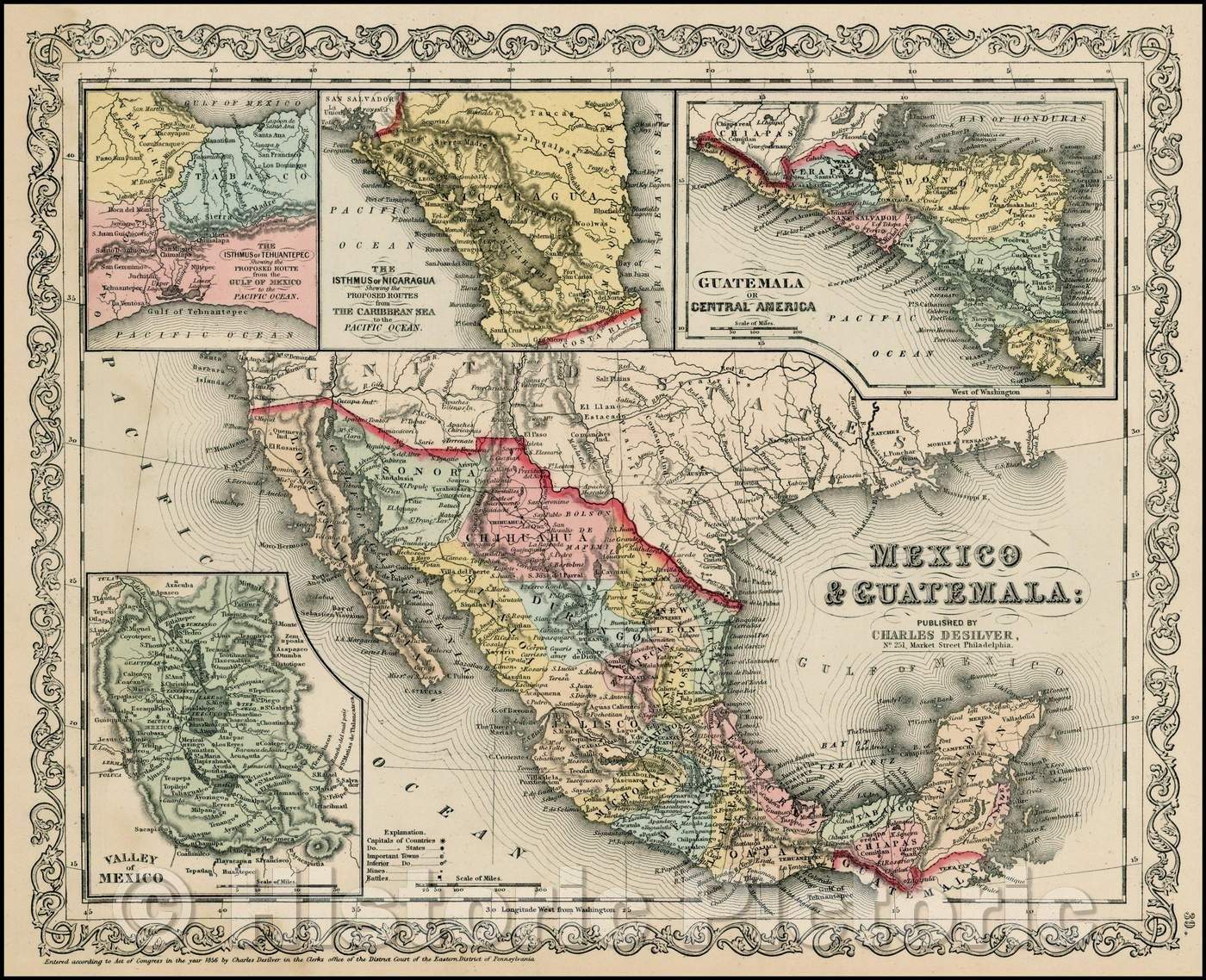 Historic Map - Mexico & Guatemala, 1856, Charles Desilver - Vintage Wall Art