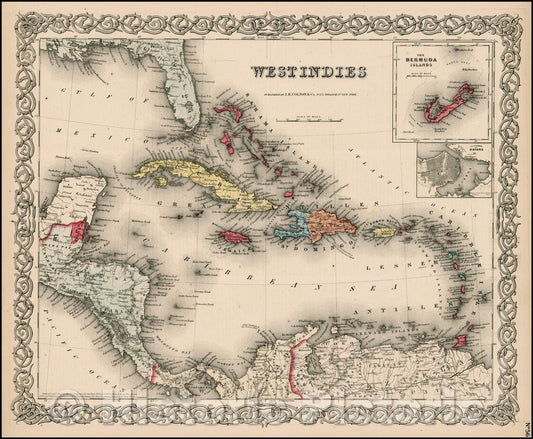 Historic Map - West Indies, 1857, Joseph Hutchins Colton - Vintage Wall Art