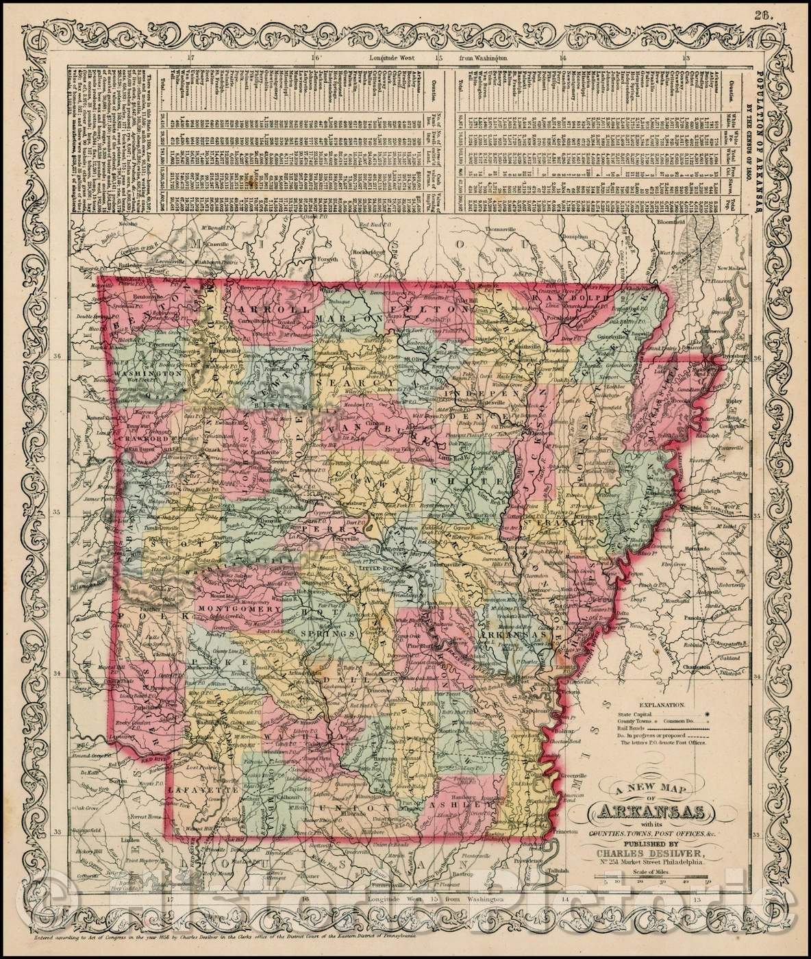 Historic Map - Arkansas with its Canals Roads & Distances, 1850, Charles Desilver - Vintage Wall Art