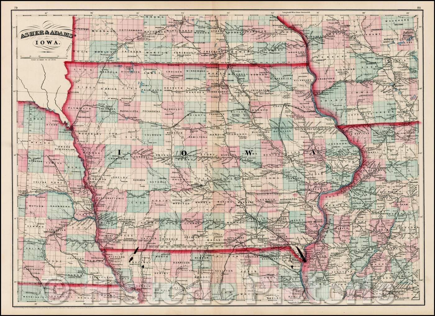 Historic Map - Asher & Adams' Iowa, 1872, Asher - Vintage Wall Art