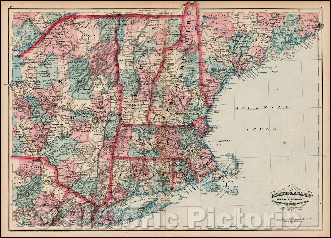 Historic Map - Asher & Adams' New Hampshire, Vermont, Massachusetts, Rhode Island And Connecticut, 1872, Asher - Vintage Wall Art