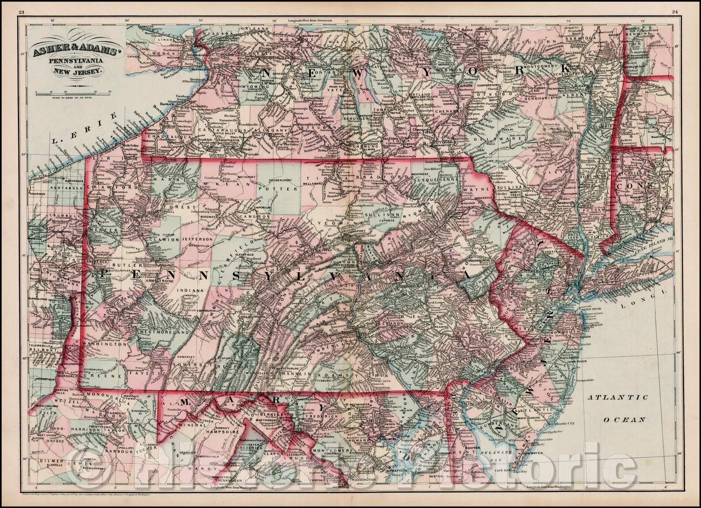 Historic Map - Asher & Adams' Pennsylvania and New Jersey, 1872, Asher - Vintage Wall Art