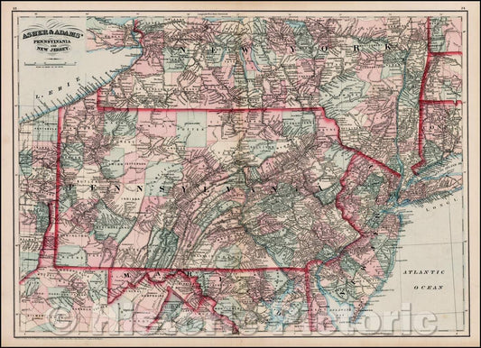 Historic Map - Asher & Adams' Pennsylvania and New Jersey, 1872, Asher - Vintage Wall Art