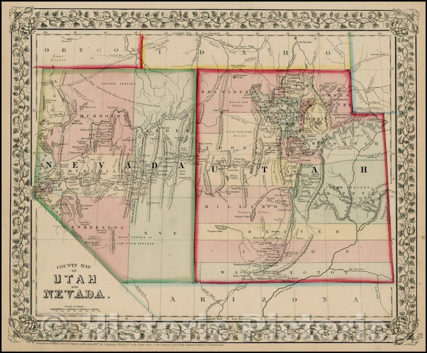 Historic Map - County Map of Utah and Nevada, 1867, Samuel Augustus Mitchell Jr. - Vintage Wall Art