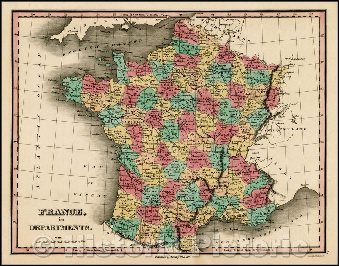 Historic Map - France in Departments, 1830, Anthony Finley - Vintage Wall Art