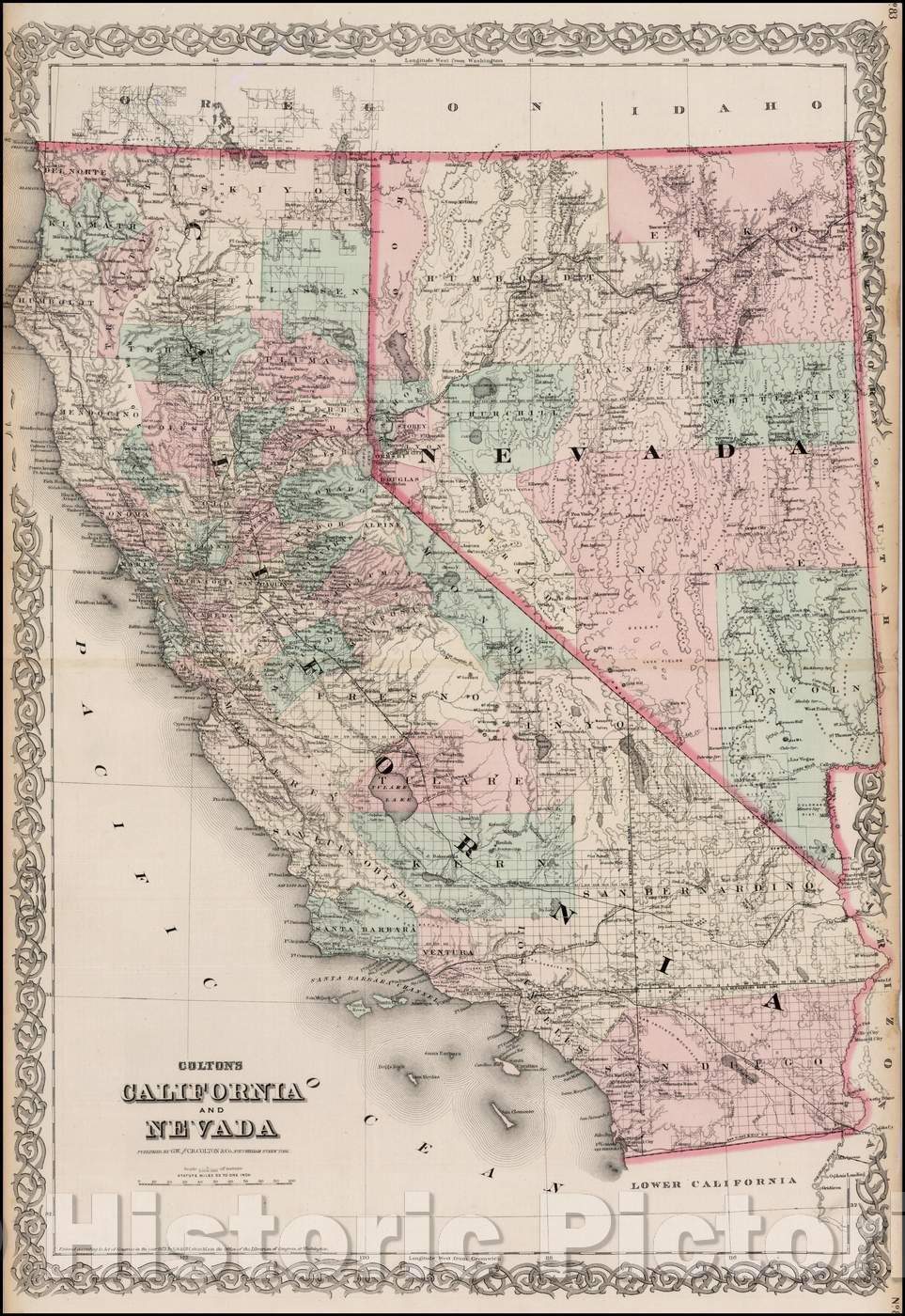 Historic Map - Colton's California and Nevada, 1873, G.W. & C.B. Colton - Vintage Wall Art