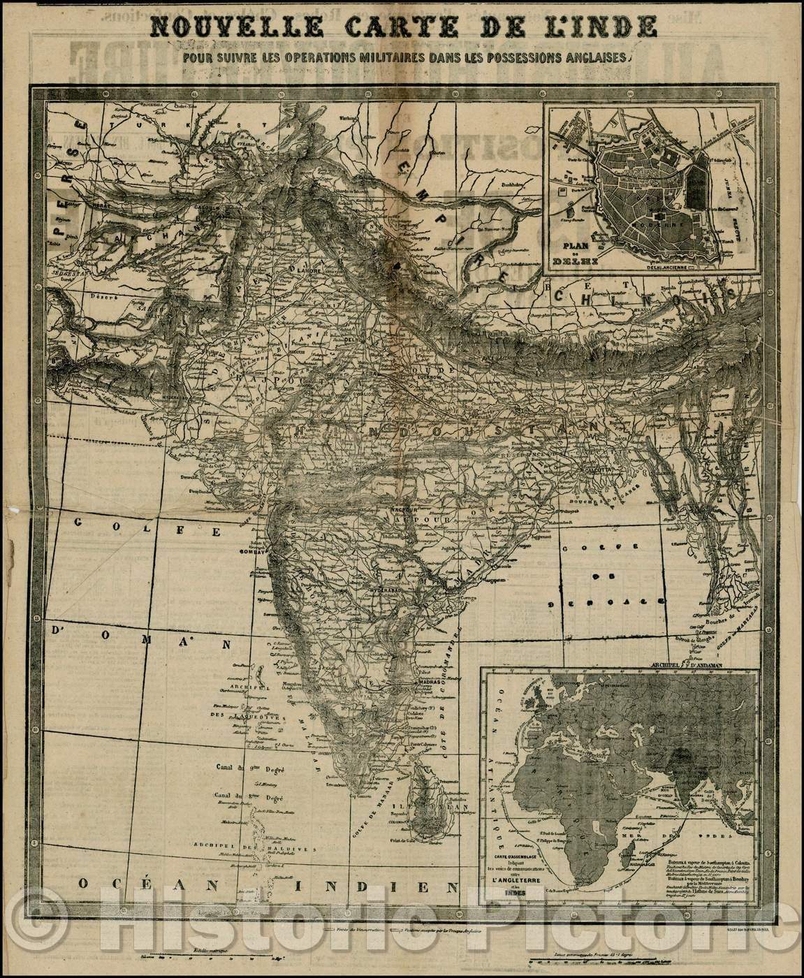 Historic Map - Nouvelle Carte De L'Inde Pour Suivre Les Operations Militaires Dans Les Po :: India To Follow The Military Operations In The British Possessio, 1857 - Vintage Wall Art