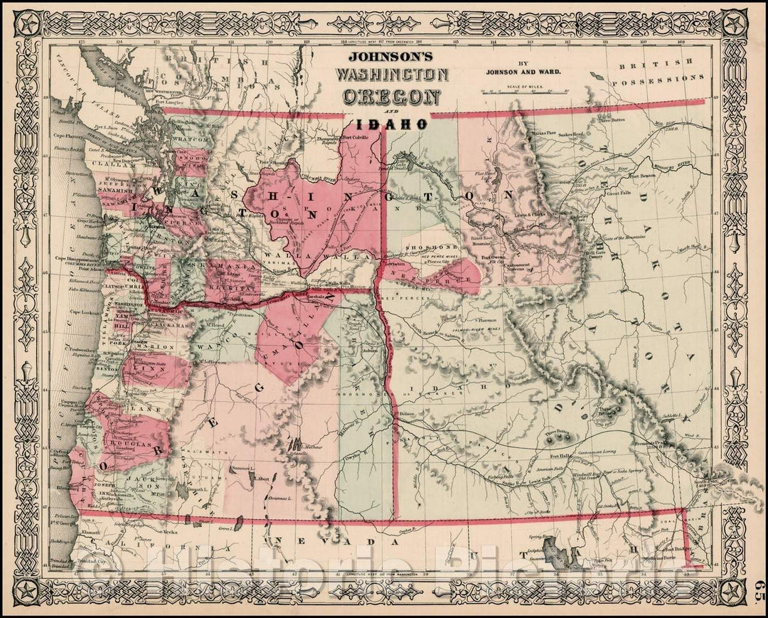Historic Map - Johnson's Washington Oregon and Idaho, 1865, Benjamin Ward - Vintage Wall Art