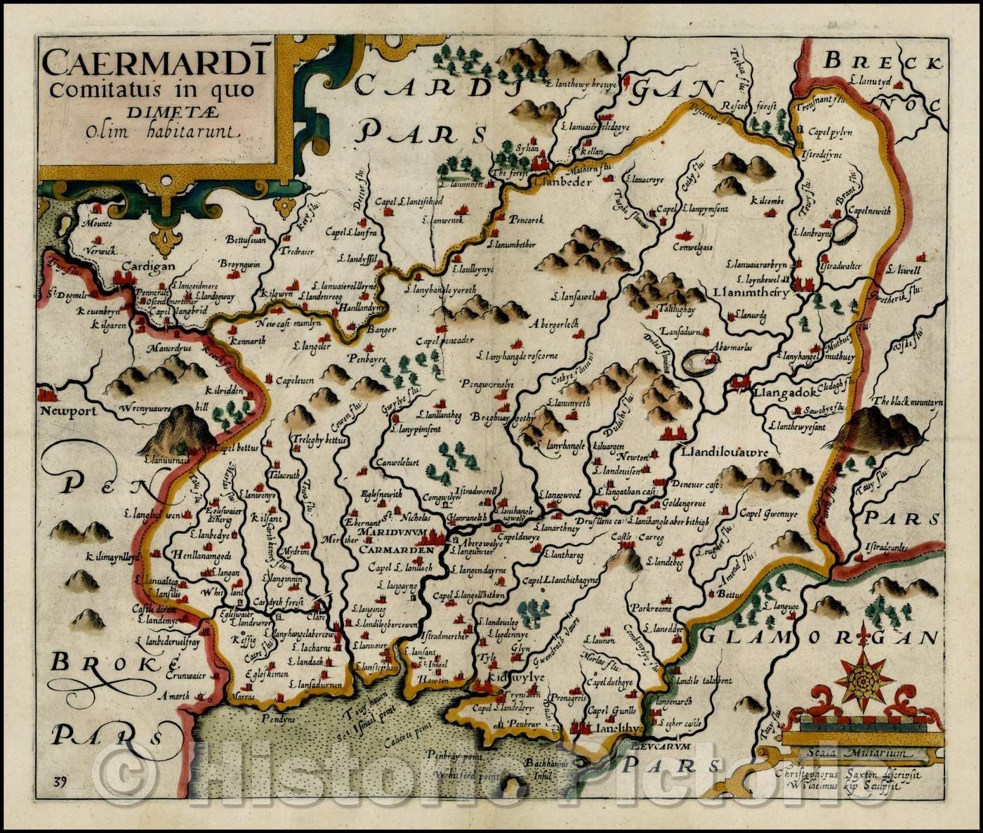 Historic Map - Caermardi Comitatus in Quo Dimetae olim habitarunt, 1607, William Kip - Vintage Wall Art