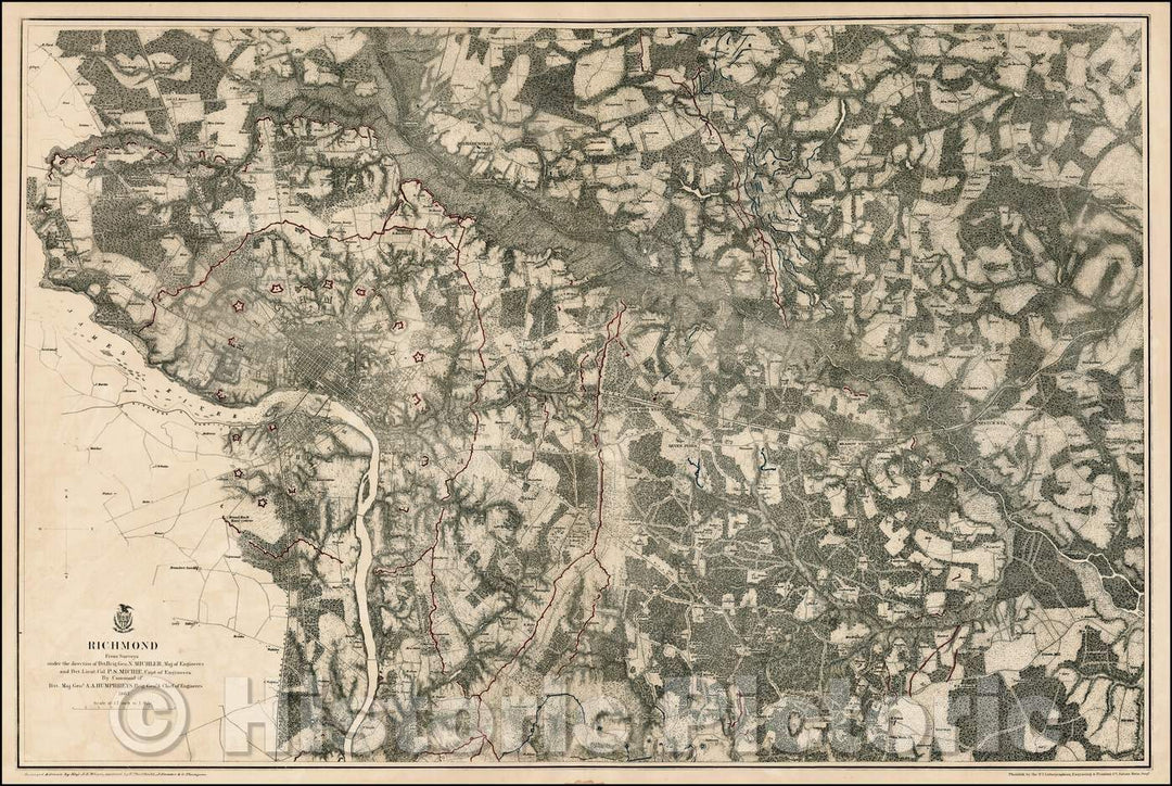 Historic Map - Richmond From Surveys, 1867, U.S. War Department - Vintage Wall Art