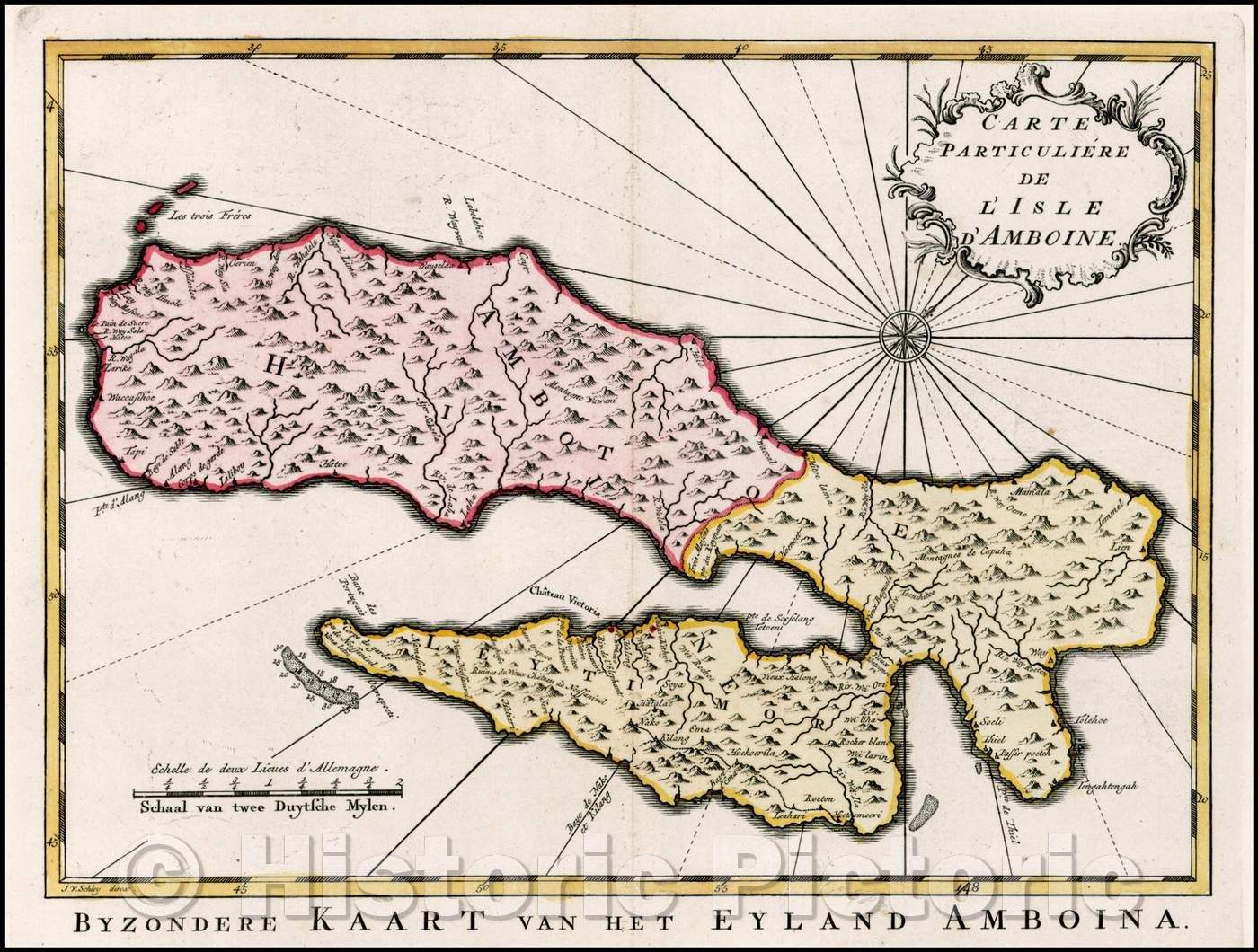 Historic Map - Carte Particuliere De L'Isle D'Amboine/Particuliere Card L'Isle D'Ambon, 1770, J.V. Schley - Vintage Wall Art