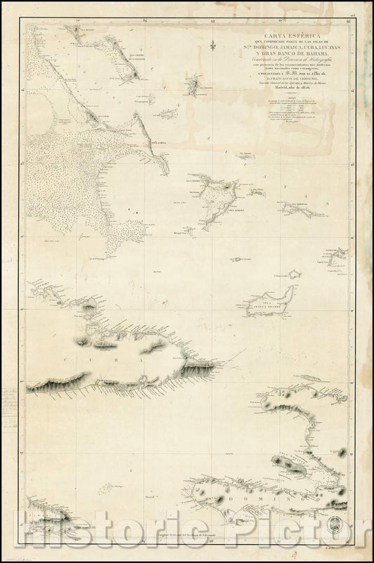 Historic Map - Carta Esferica que comprende parte de las Islas de S.to Domingo, Jamaica, Bahamas, eastern Cuba, and parts of Jamaica and Santa Domingo, 1856 - Vintage Wall Art