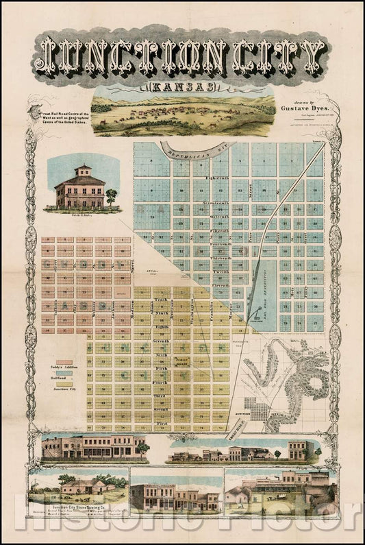 Historic Map - Junction City Kansas, 1870, Gustave Dyes - Vintage Wall Art