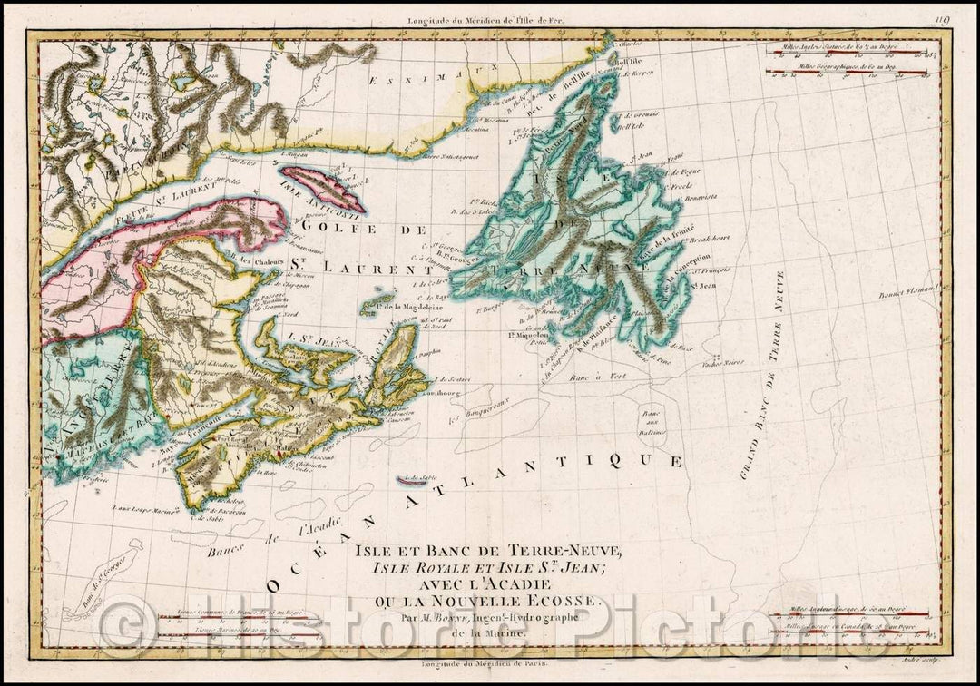 Historic Map - Isle Et Banc De Terre-Neuve, Isle Royale Et Isle St. Jean; Avec L'Acadie/Map of Region, with details of cities, rivers, land masses, 1787 - Vintage Wall Art
