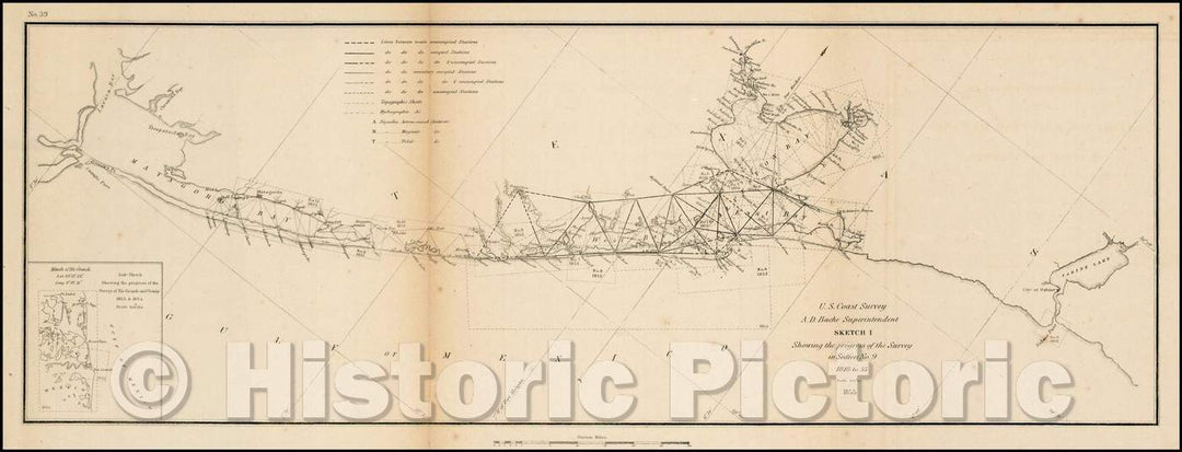 Historic Map - Sketch I Showing the progress of the Survey in Section No 9 1848 to, 1855, United States Coast Survey - Vintage Wall Art