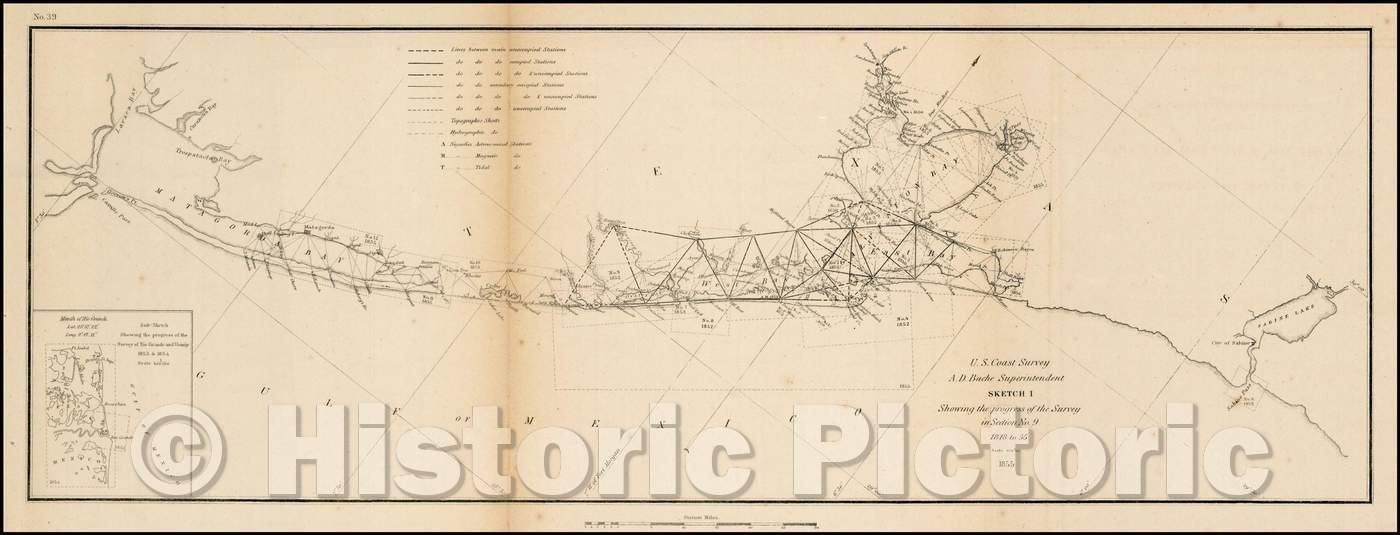 Historic Map - Sketch I Showing the progress of the Survey in Section No 9 1848 to, 1855, United States Coast Survey - Vintage Wall Art
