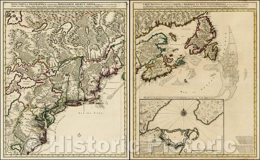 Historic Map - Nova Tabula Geographica Complectens Borealiorem/Visscher's 2-sheet Map of Canada, Carolinas, Ohio Valley, in 1689 and Peter Schenk, 1745 - Vintage Wall Art