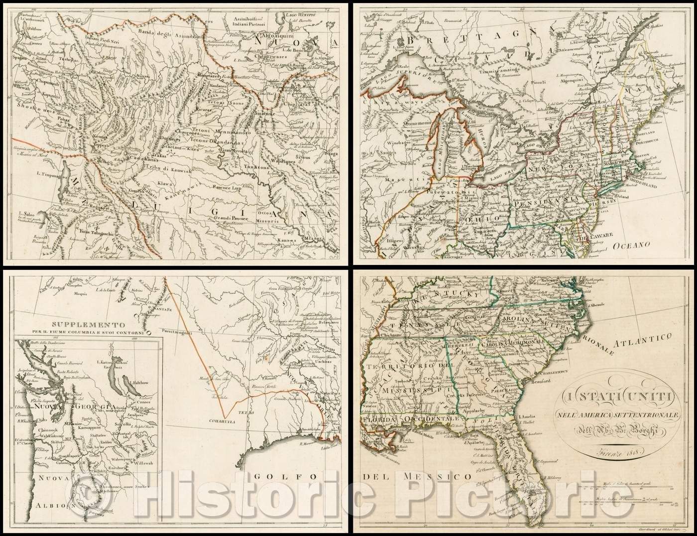 Historic Map - I Statti Uniti Nell'America Settentrionale/Four sheet Map of America by A.B. Borghi, published in Florence, 1818, Borghi - Vintage Wall Art